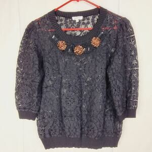 Vintage Weston black sheer lace beaded top Size large Retro Whimsygoth Romantic